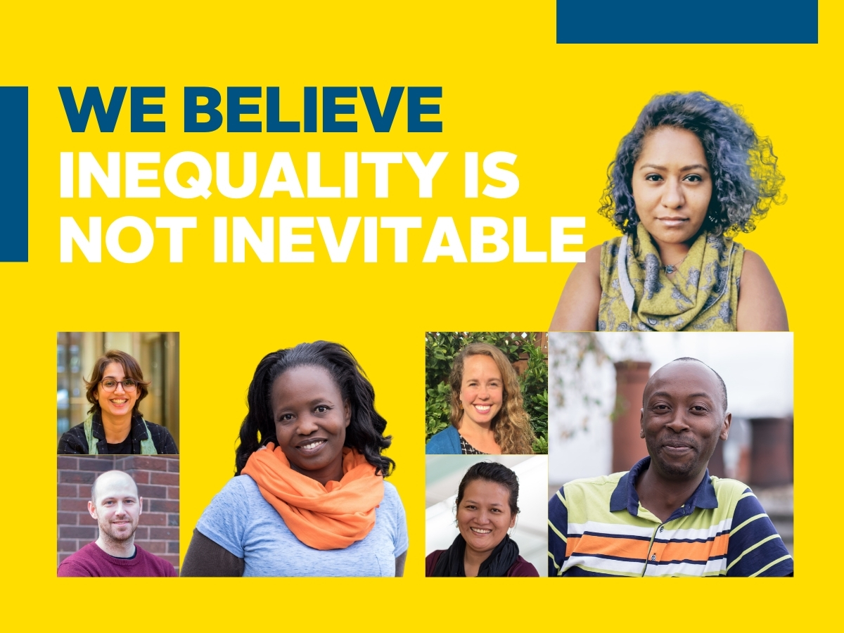 Atlantic Fellowship Banner, stating "We belive inequality is not inevitable", showing 8 faces of current/former fellows of different ethnic backgrounds